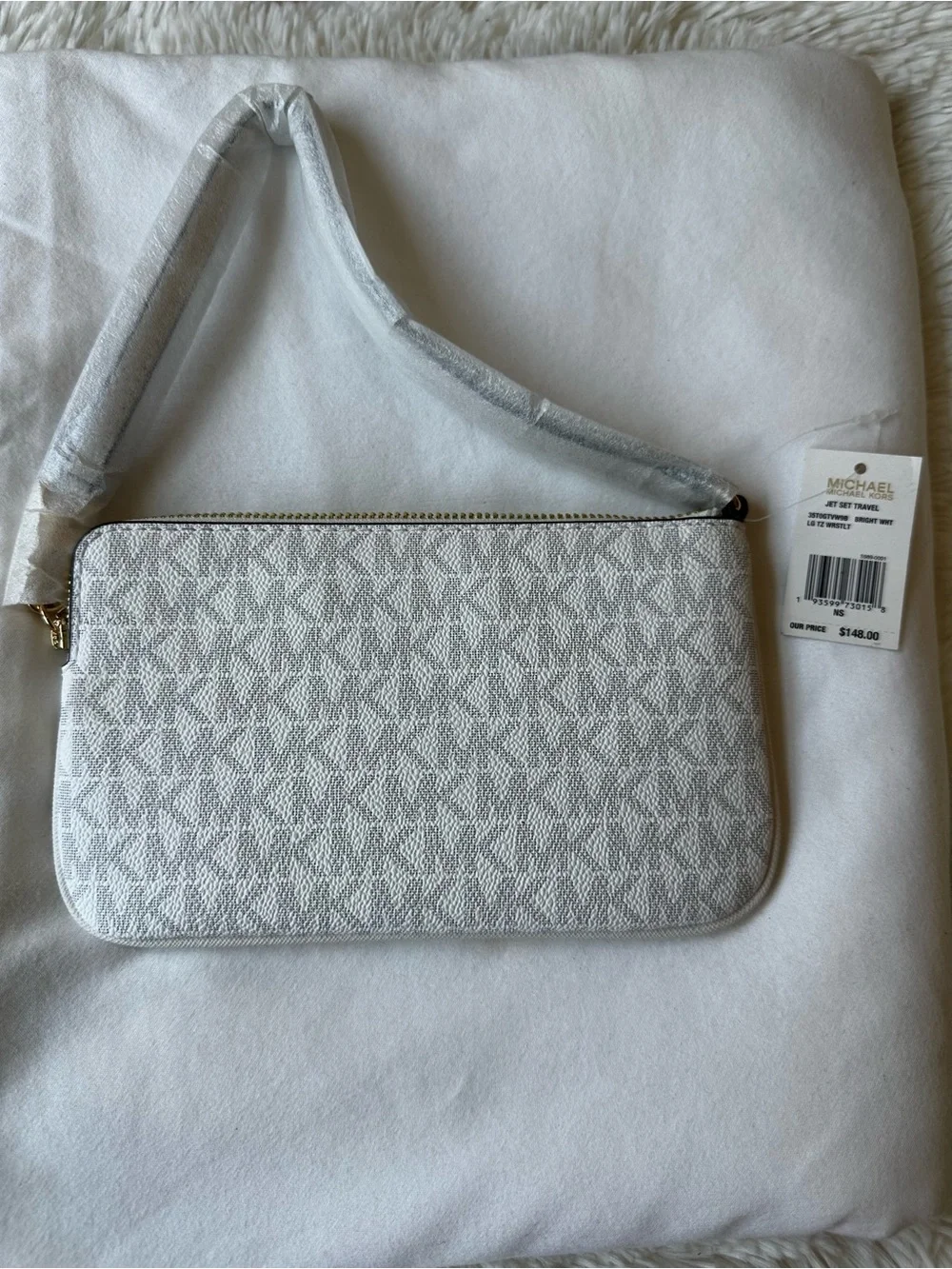 Michael Kors Jet Set Travel Large Logo Stripe Wristlet White Yellow Zip Clutch